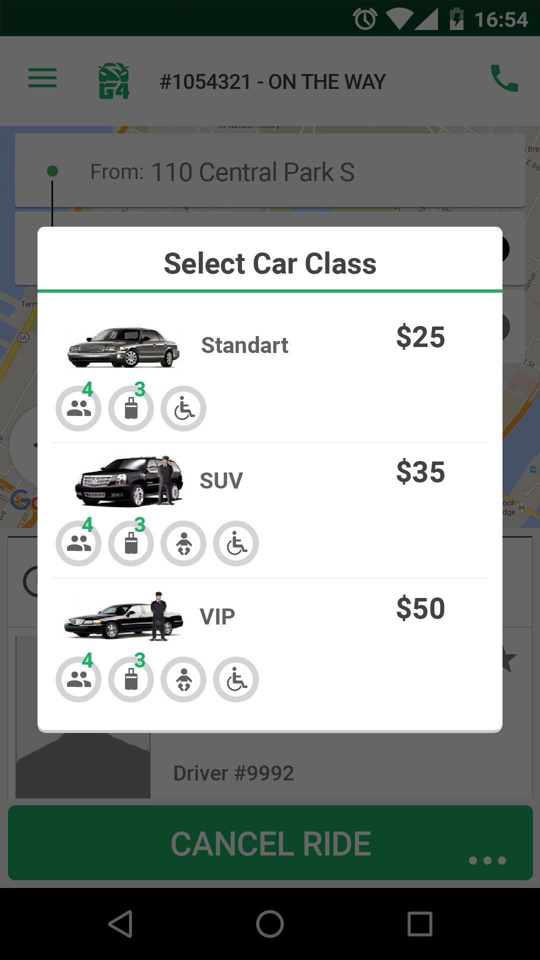 Choose the class of vehicle you'de like to transport you to your destination.